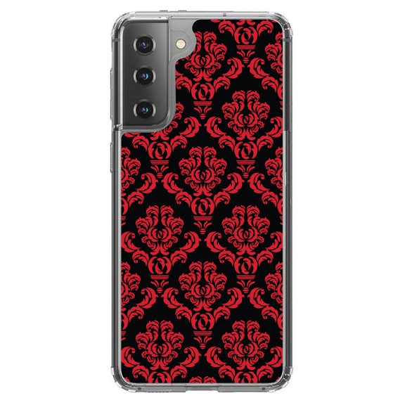 DistinctInk Clear Shockproof Hybrid Case for Galaxy S21  PLUS 5G (6.7" Screen) - TPU Bumper, Acrylic Back, Tempered Glass Screen Protector - Black Red Damask Pattern - Floral Damask Pattern