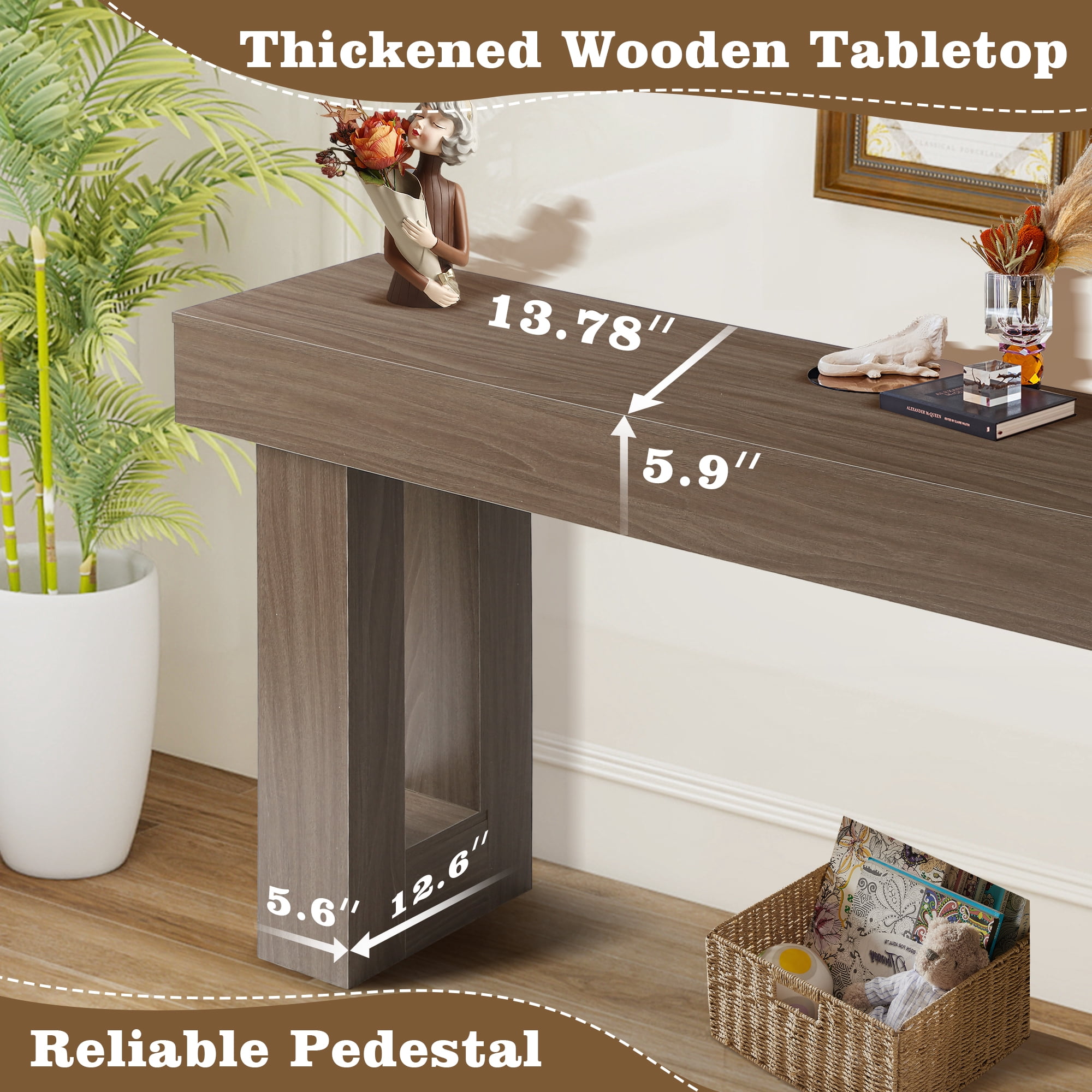 Haverchair 63" Long Entryway Console Table, Wooden Farmhouse Sofa Behind Couch Table with Thickened Base, Large Industrial Hallway Accent Furniture for Living Room, Entrance, Foyer, Hallway