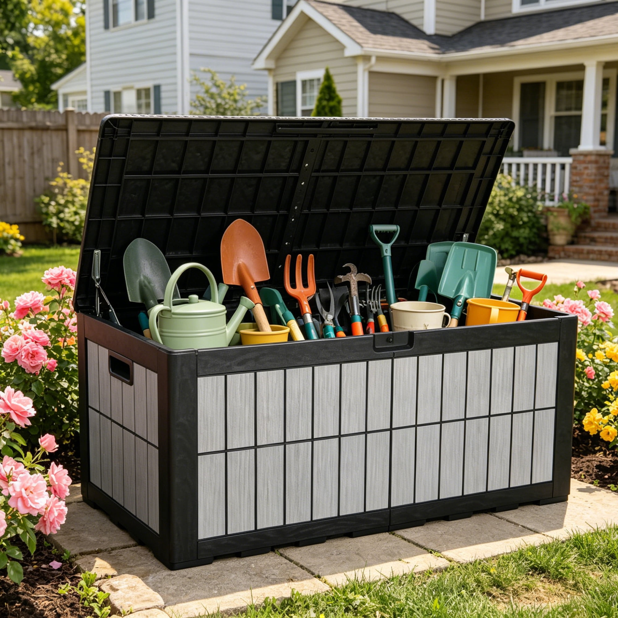 Uforic 134 Gallon Lockable Outdoor Deck Box, Waterproof Resin Storage Box with Hydraulic Support, Patio Storage Bench for Garden Pool Supplies, Black & Wood Grain Gray