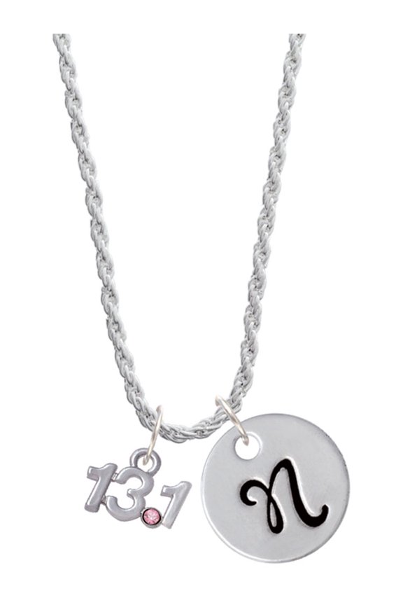 Silvertone Half Marathon - 13.1 with Pink Crystal Silvertone Script Initial Disc - N - Charm Necklace, 20"+3"
