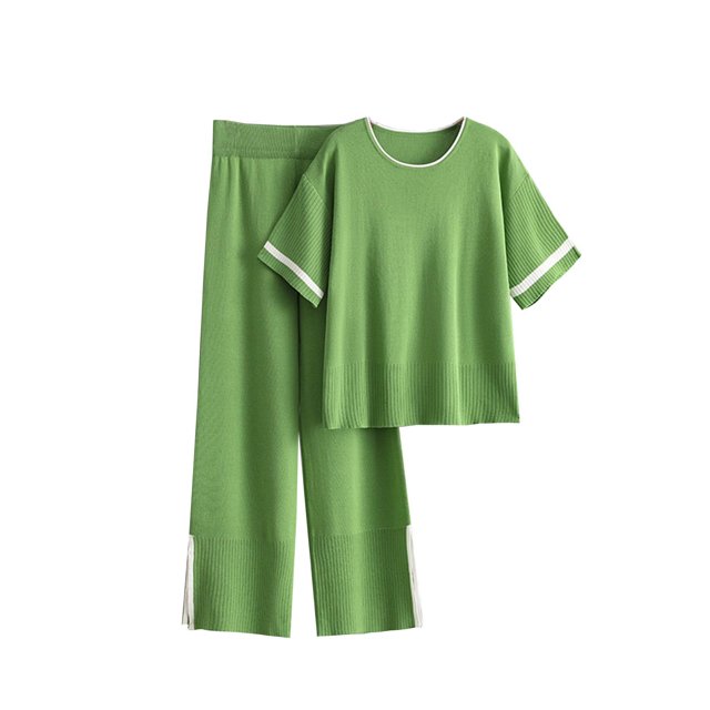 Pisexur Ensemble de Survêtement Tricoté 2 Pcs pour Femmes Mode Décontractée Couleur Unie Ensemble de Détente Manches Courtes Col Rond Chandails en Molleton Pantalons Larges Fendus sur le Côté Survêtements Tenues de Voyage Vacances