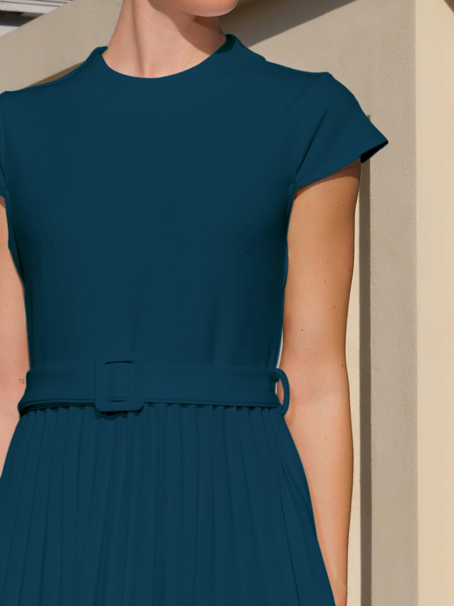 DARING DIVA Women's Mock Neck Cap Sleeve Belted A-Line Dress XL Peacock Blue