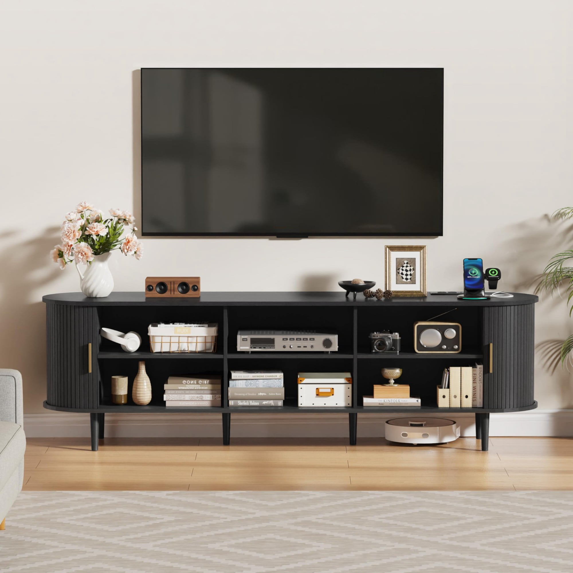 70.8 Inch Mid Century Modern TV Stand with Power Outlet, Fluted Media Console with Sliding Doors for TVs up to 80 Inch, Black
