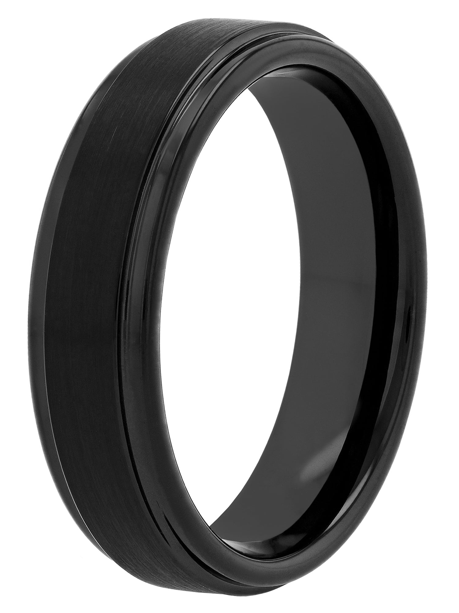 Men's Tungsten 6MM Black Satin and High-Polished Grooved Step Edge Wedding Band by Brilliance Fine Jewelry - Mens Ring