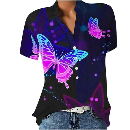 

Yourumao Women Clearance Tops Butterfly Colorful Print Slimming Tunic Top for Teen Girls Fall Summer Short Sleeve Henley Plunging Neckline High Neck Spandex Casual Tops Bustier Women Button Clothes