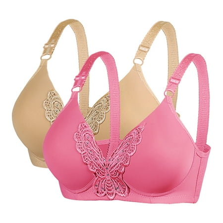 WREESH Women s 2 Pack Push Up Bra No Underwire Full Support Bras Wireless Comfort Everyday Bras Embroidered Plunge Bra Underwear Beige