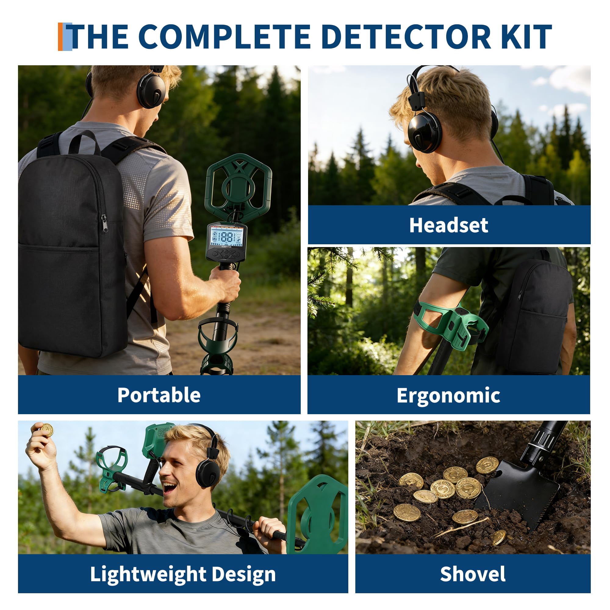 Towallmark Professional Metal Detector for Adults & Beginners, 4 Modes, 10" Waterproof Coil, LCD Display with Pinpoint, Lightweight for Gold, Coins, Jewelry Hunting, Green