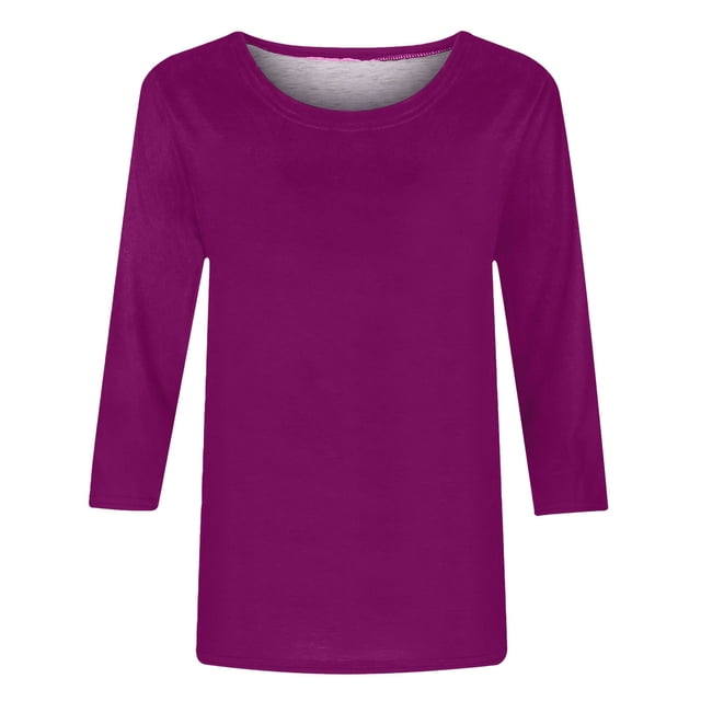 KIHOUT Hauts pour Femmes Manches Longues Liquidation Juniors Col Rond Hauts Décontractés Mode T-shirt Uni Manches 3/4 Blouse Mi-Longue Offres