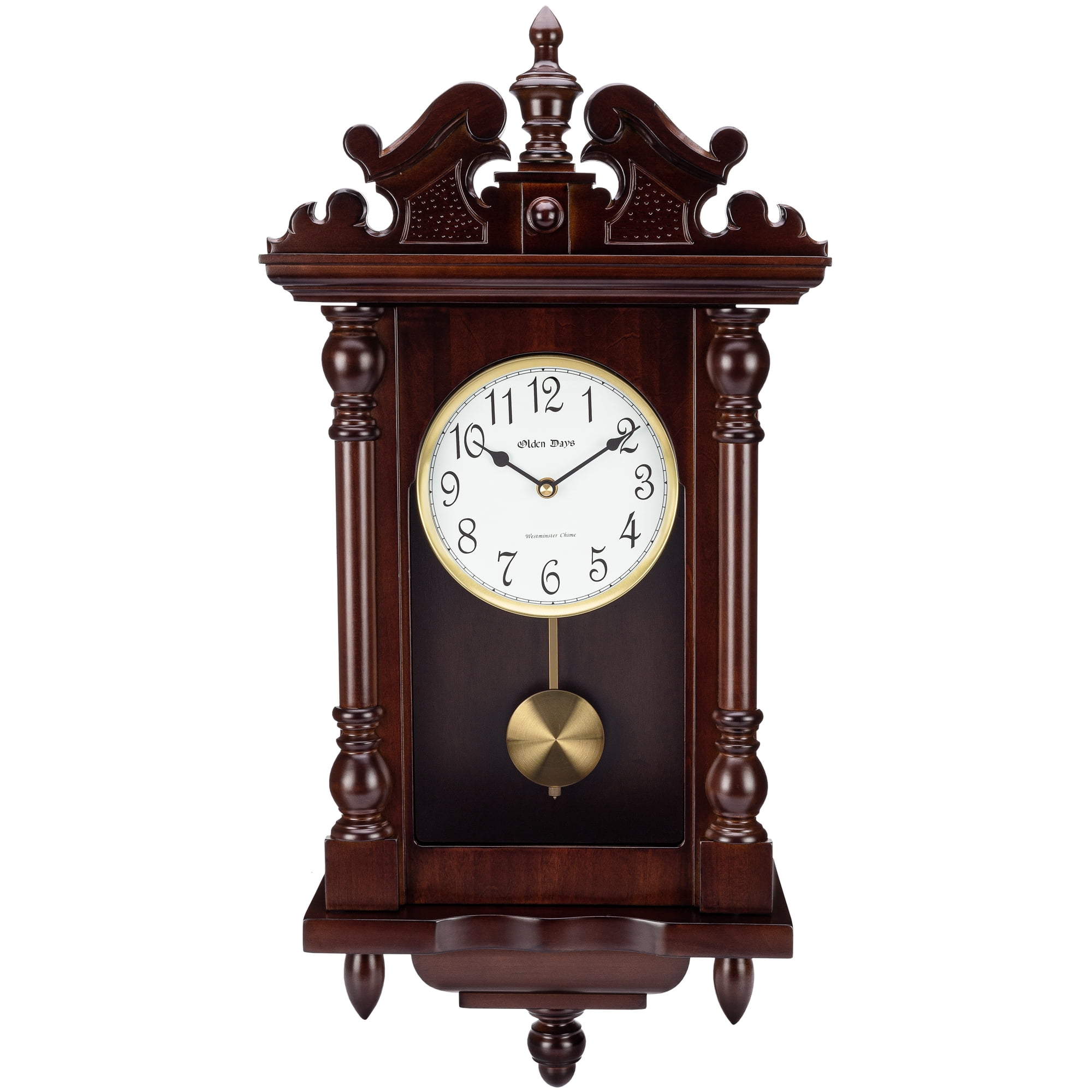 Olden Days Wall Clock with Real Wood, 4 Chime Options, Swinging Pendulum, Antique Vintage Design