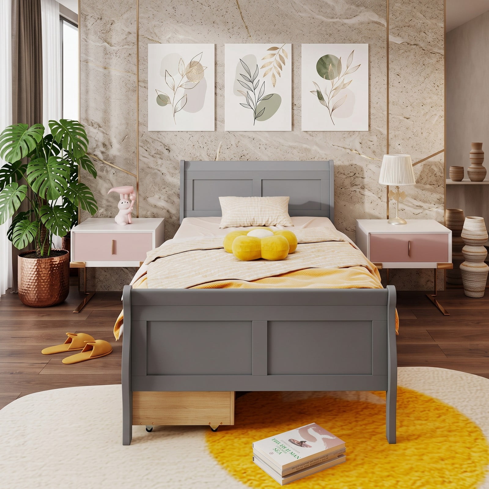 Furnibear Twin Bed Frame with Storage, Wood Sleigh Bed with 2 Storage Drawers and Curved Headboard, Space Saving, Gray