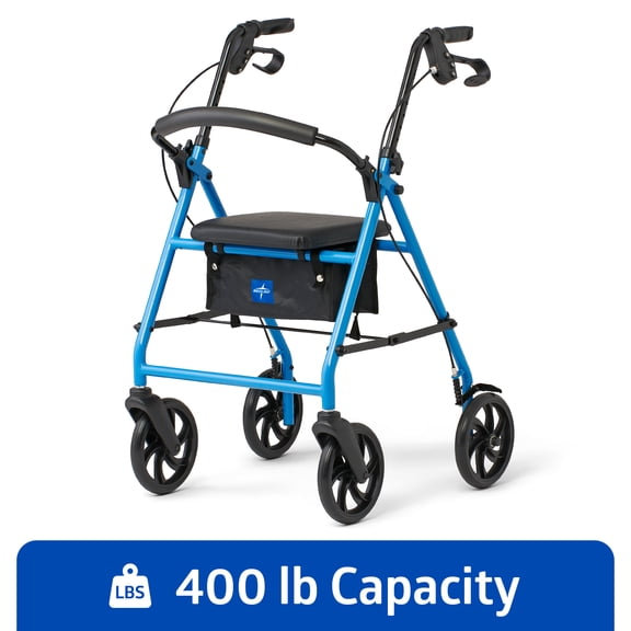 Medline Rolling Walker, Folding Rollator with Seat and 6-In Wheels, Light Blue, 300-lb Capacity, Steel
