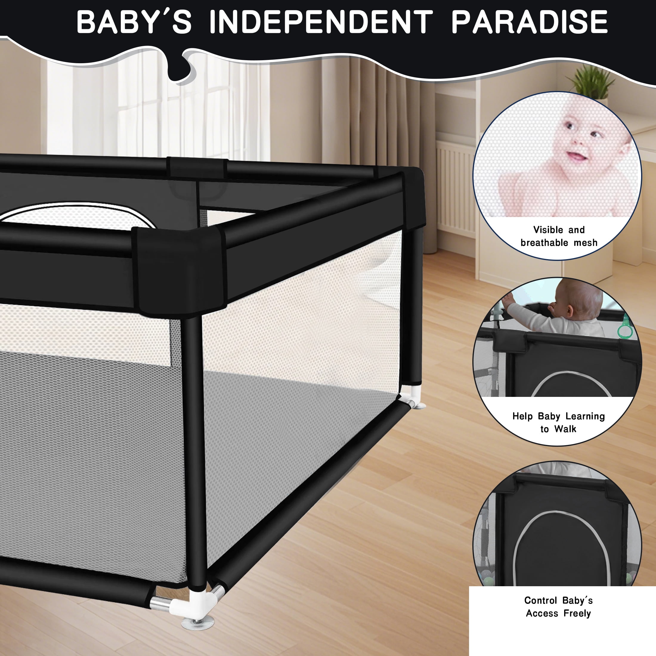 HioHa Large Baby Playpen with Mat | Premium Spacious Play Yard (71“), Sturdy Steel Frame & See-Through Mesh for Safety | Easy Fold, Portable for Indoor Outdoor Use