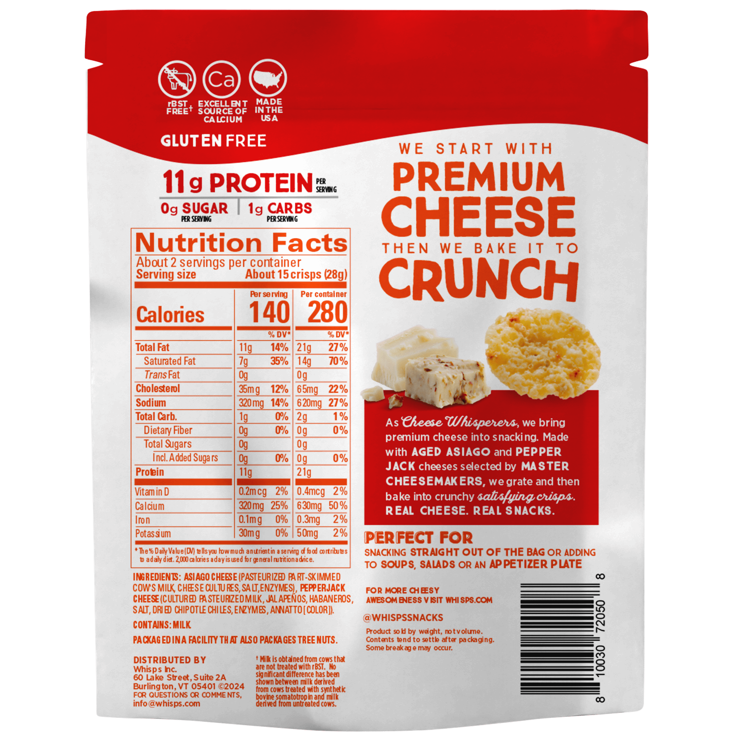 (4 pack) Whisps Asiago & Pepper Jack Cheese Crisps, Protein from 100% Cheese, 1.95 oz