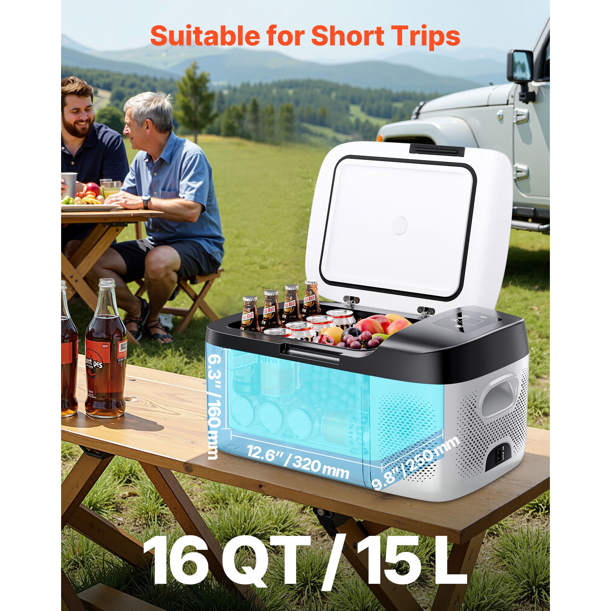 KFFKFF Portable Car Refrigerator, DC 12/24V AC100-240V Compressor Cooler, -4°F to 68°F Fridge with APP Control, 16 QT Freezer for RVs, Campsites, Boats, Camping, Fishing, 60W Electric Cooler