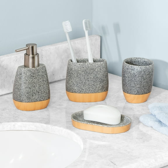Honey-Can-Do Plastic 4-Piece Bathroom Accessory Set, Gray/Natural