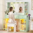 thumbnail image 2 of Zimtown Makeup Vanity with 3 Colors Light Mirror, Glass Top Vanity Desk with Two Glass-Door Storage Cabinets & Charging Station, Light green, 2 of 8