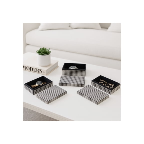 Decorative Boxes with Lid for Home Decor - Jewelry Boxes Organizer with Metallic Dot Pattern - Storage Boxes and Home Organizer Accent for Keepsakes and Accessories - Set of 3, 4", 3", 3", Black