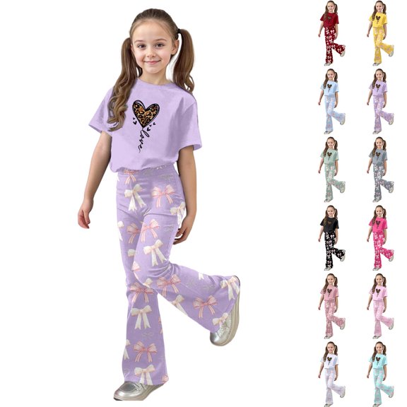 LRen Girls Outfits Size 7 Floral Print Short Sleeved and Elastic Waist Pants Outfits Set Crew Neck Fashion Beach Vacation Short Sleeve Set Back To School Clothes Valentines Day Classroom Gifts