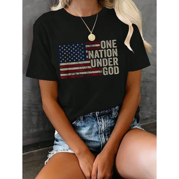 Women's Patriotic American Flag T-Shirt One Nation Under God Short Sleeve Crewneck Casual Tee