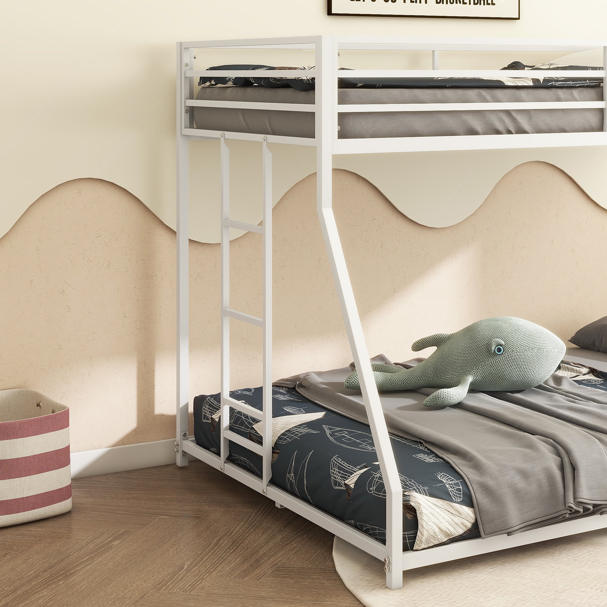 Leumius Twin over Full Size Metal Bunk Bed,with Ladder and Guardrail,Heavy Duty Metal Bed Frame,White