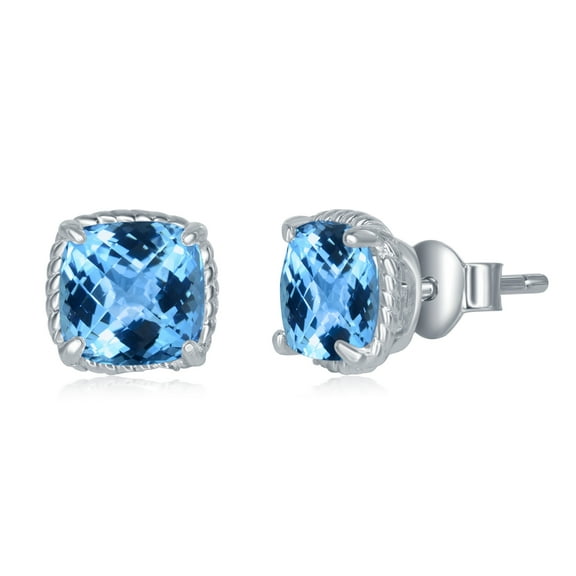 Sterling Silver Genuine Blue Topaz Square Fastened Cushion Cut 6mm Natural Gems Birthstone Square Stud Earrings