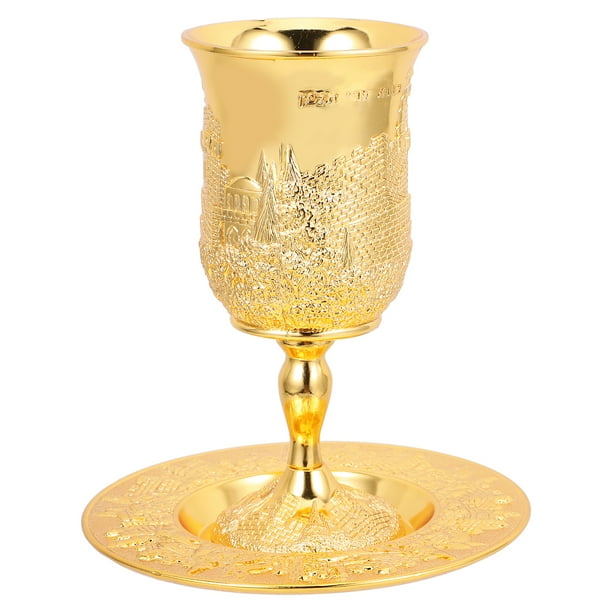 ColoMX Juego de copas de vino de Metal, copa de vino Kiddush con platillo para Shabat, 1 Juego