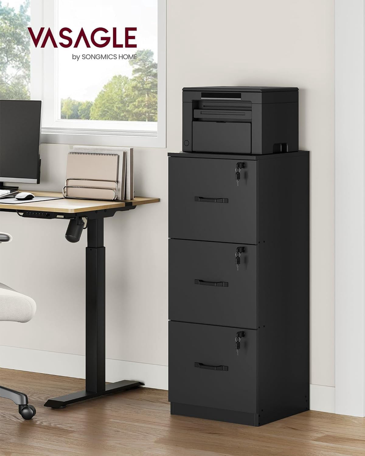 File Cabinet, Printer Stand with 3 Lockable Drawers, Adjustable Hanging Rails, For Folders,Ink Black