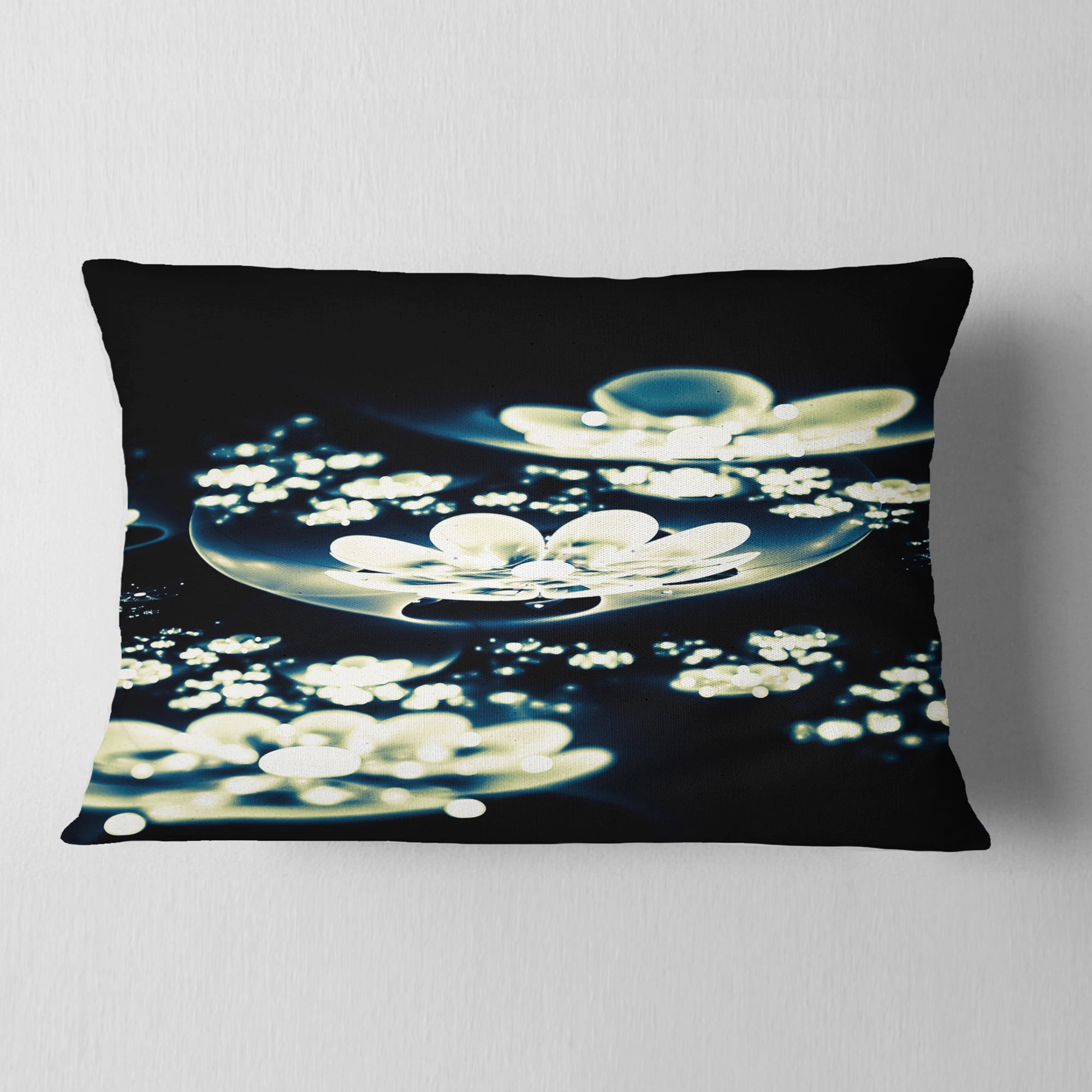 Designart Blue White Fractal Flowers in Dark - Floral Throw Pillow - 12x20