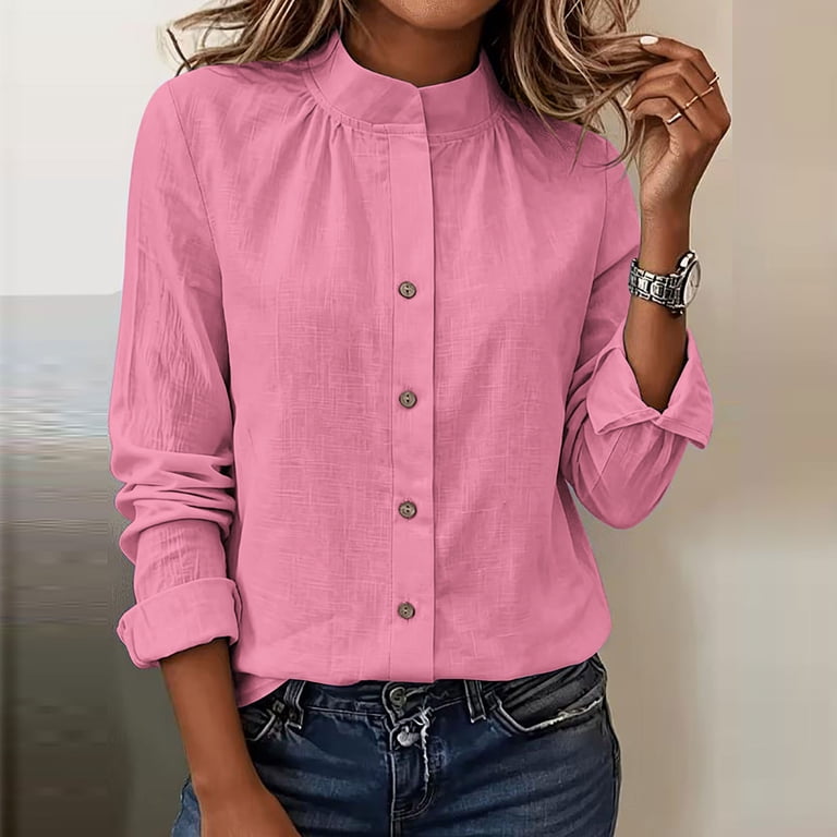 SAWOBUUN Women Casual Linen Button Down Shirt Long Sleeve Band 
