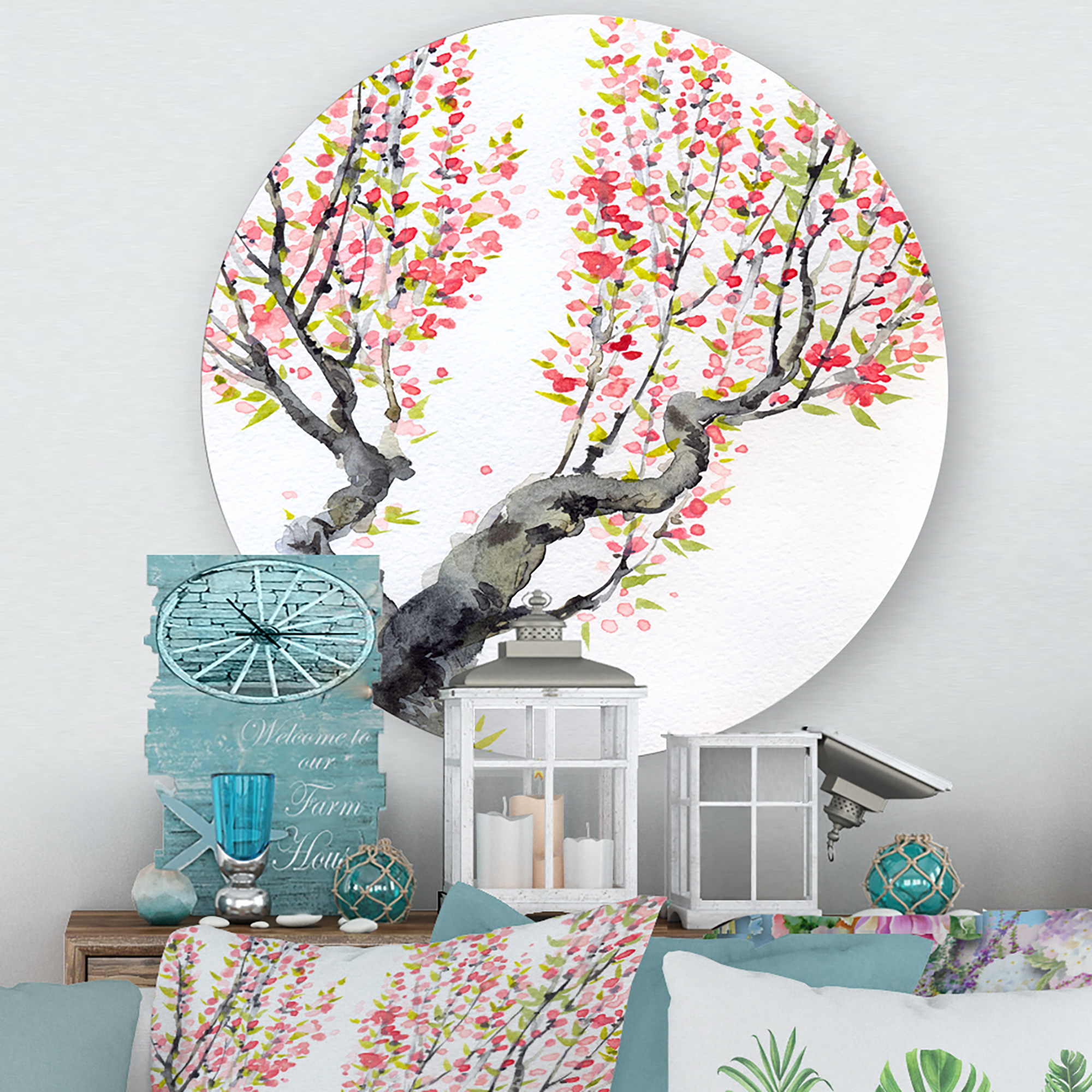 Designart 'Red Spring Flowers On Tree Branches' Traditional Circle Metal Wall Art 23x23 - Disc of 23