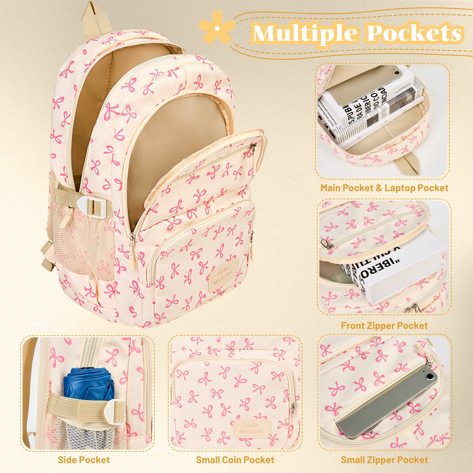 Dakimoe School Backpack Set with Cute Bow, Lightweight Bookbag - Pink, Perfect for Elementary & Middle School  Ages 4-12