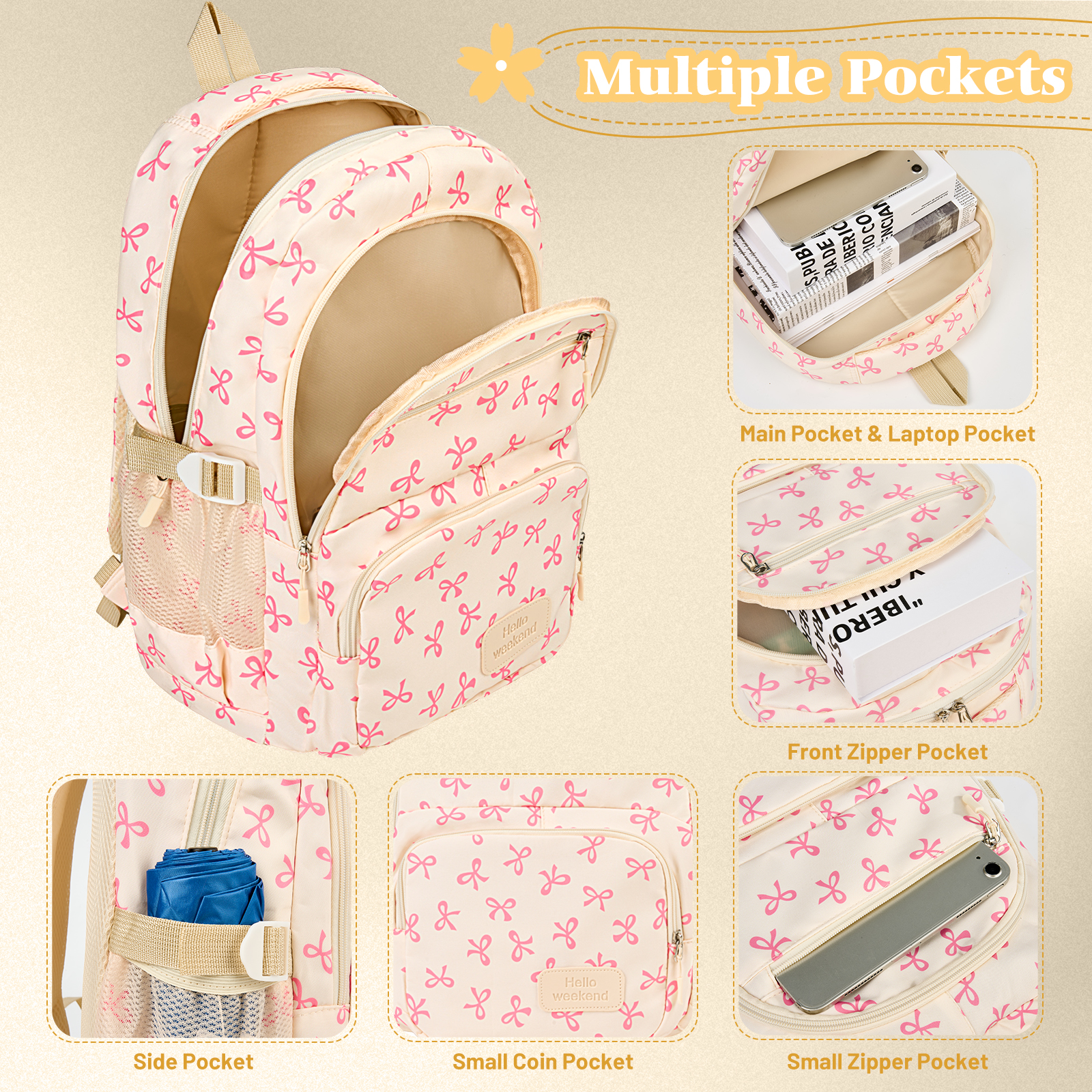 DAKIMOE Girls 3-Piece Backpack Set with Bow, Pink photo 4