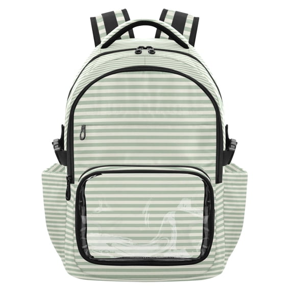 Qxltty Green Stripes Backpack School Bookbag with Clear PVC Front Pocket, Laptop Compartment, Water Resistant Travel Daypack for Students