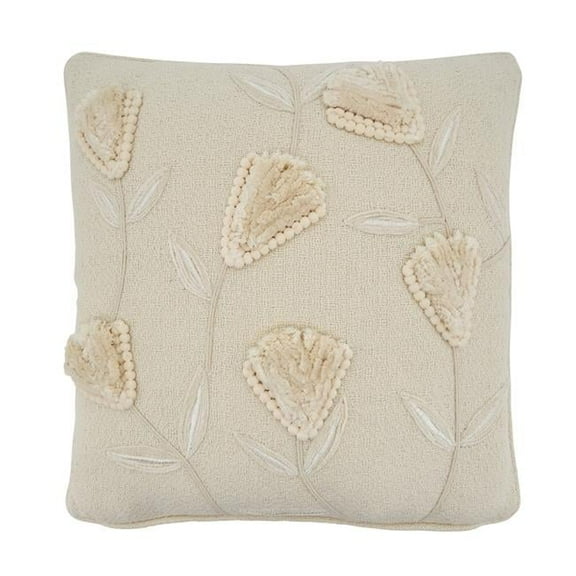 SARO 4438.I18SC 18 in. Square Flowers Applique Design Throw Pillow Cover  Ivory