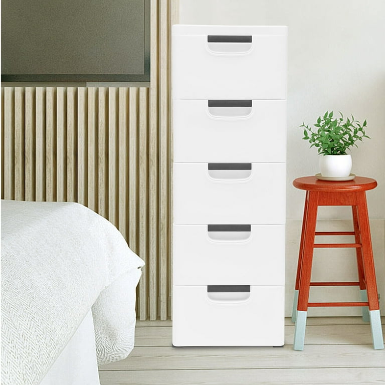 Fichiouy Closet Drawers Tall Dresser Organizer Vertical Clothes Storage  Tower with 5 Drawers + Wheel White
