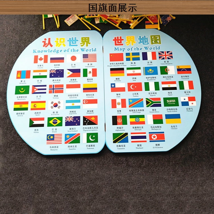 Wooden World Map and 36 Flags Matching Puzzle Geography for