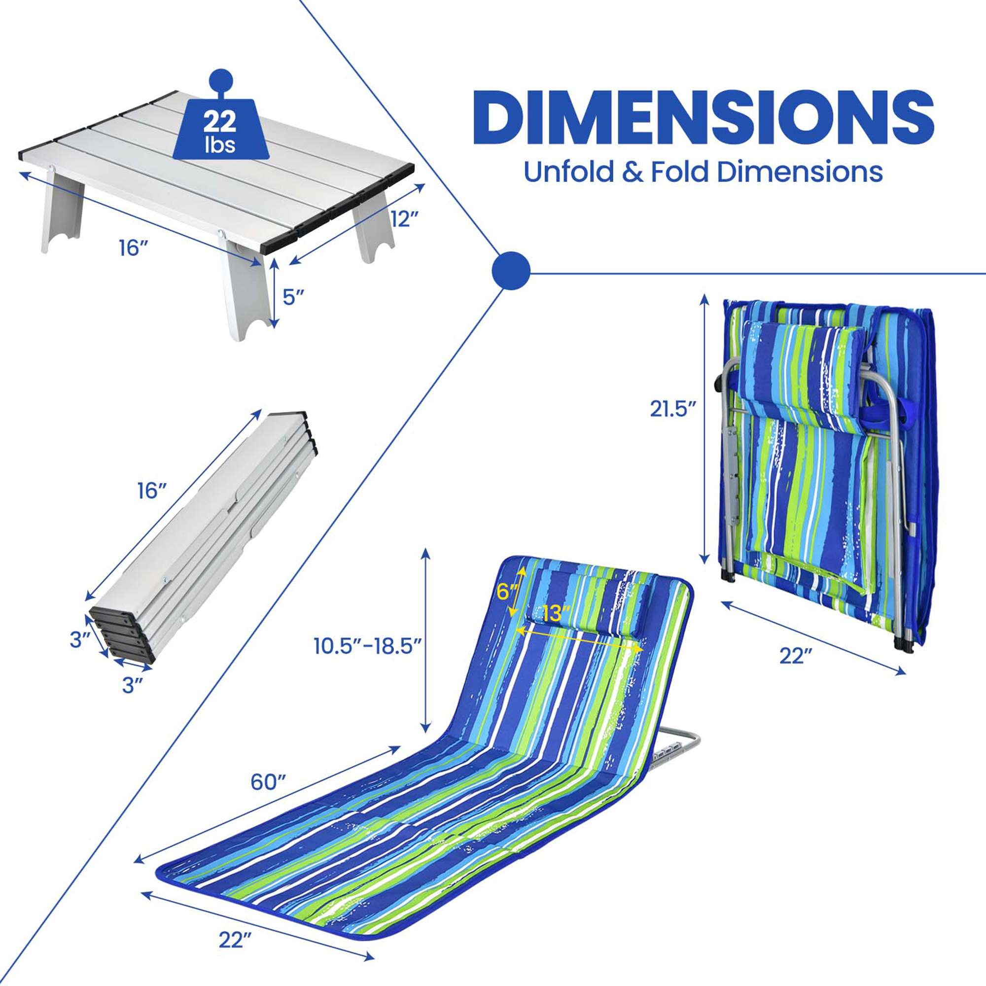 Gymax 3PCS Folding Beach Mat Set Adjustable Beach Lounge Chair & Side Table Set Stripe - image 2 of 10