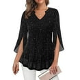 thumbnail image 5 of Drindf Womens Sequin Blouses 3/4 Ruffles Sleeve V Neck Tunic Tops Dressy Glitter Elegant Party Formal Top Solid Color Loose Spring Outfits Black M, 5 of 7