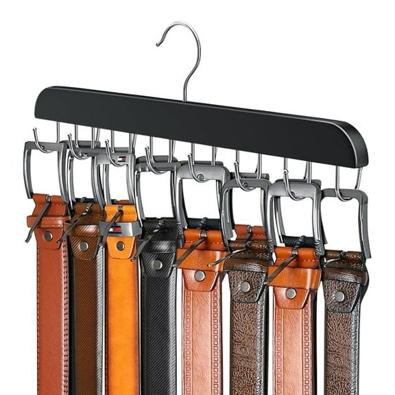 Belt Hanger for Closet 14 Hooks, Belt Organizer Closet Accessories, Belt Rack Sturdy Wood for Closet Organizers and Storage- Black, Large