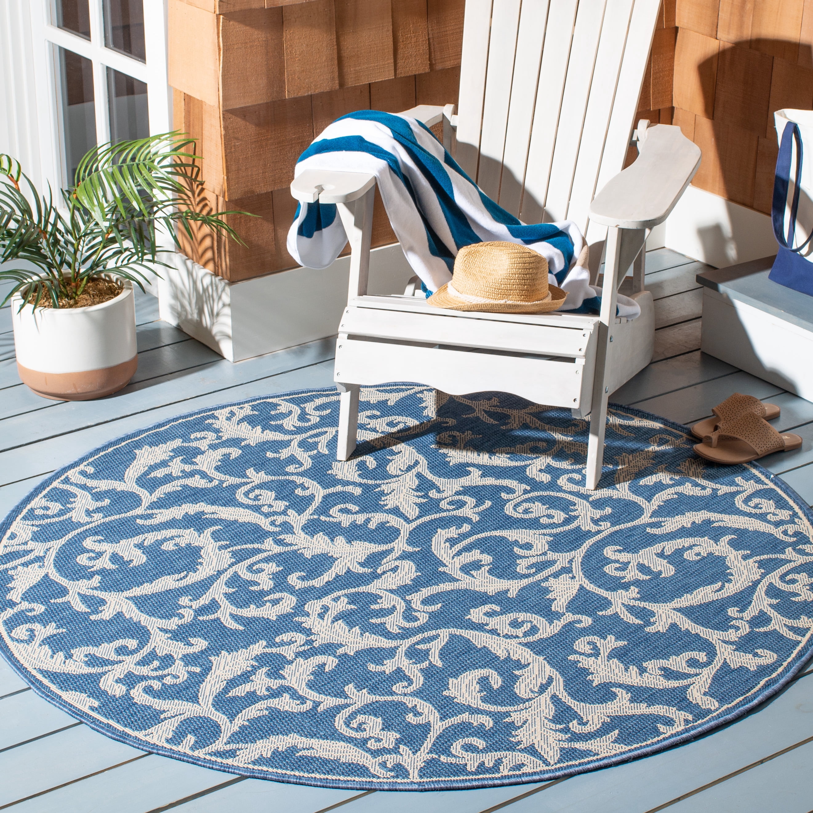 Safavieh Courtyard Kevin Floral Indoor/Outdoor Area Rug, Blue/Natural, 7'10" x 7'10" Round