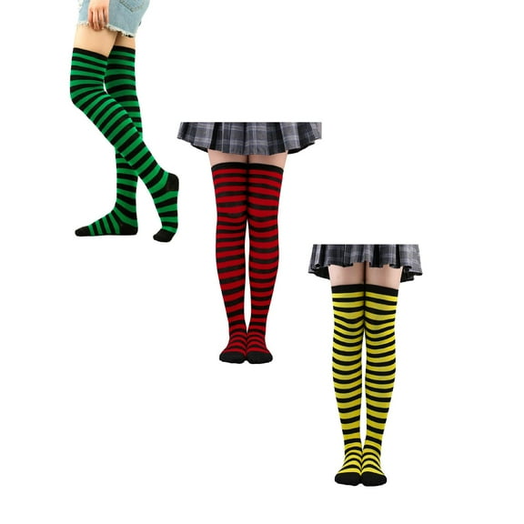 XEGLSBU 3 Pack Christmas Stockings Traditional Large Womens over Knee High Socks Women Striped Thigh Stockings for Christmas Leg Warmer One Size