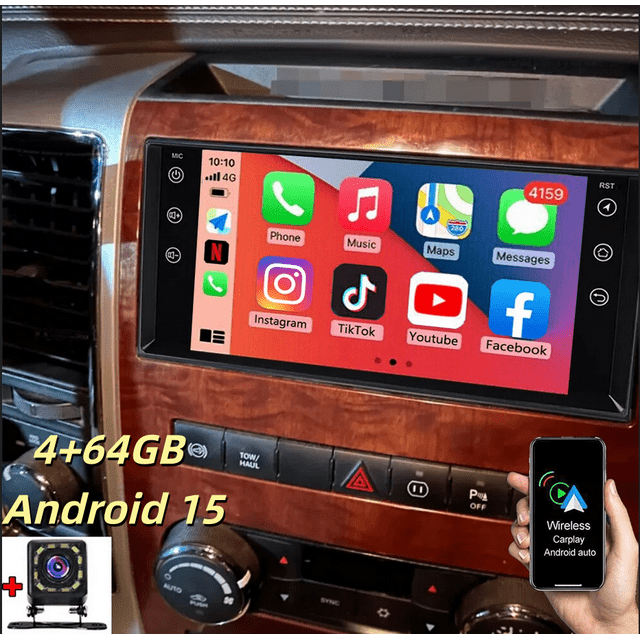 Unité de Tête Stéréo pour Voiture pour DODGE RAM 1500 2500 3500 2009-2012 - Android 15 (4+64 Go), Écran Tactile IPS de 7 Pouces, Prend en Charge CarPlay/Android Auto + Caméra de Sauvegarde HD, Microphone, FM, GPS, Lien Miroir