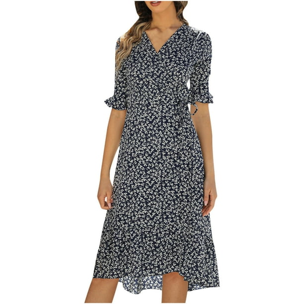 Vestido Bohemio Floral Vestido de Gasa Vestido de Manga Corta Con Cuello en Vvestido Casual de Mujer Con Cuello en V Gasa Floral Boho Vestido de Playa de Manga Corta Odeerbi ODB114071