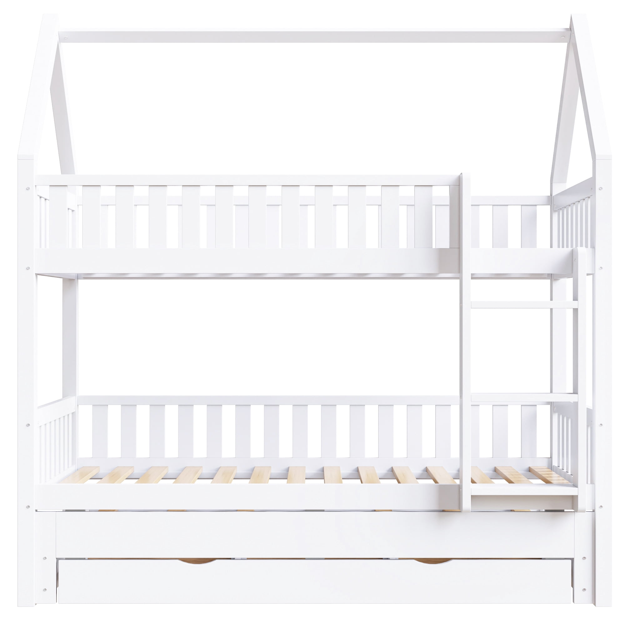Mintazer Twin Over Twin House Bunk Bed with Trundle & 3 Drawers, Kids Bunk Bed Frame with Ladder, White