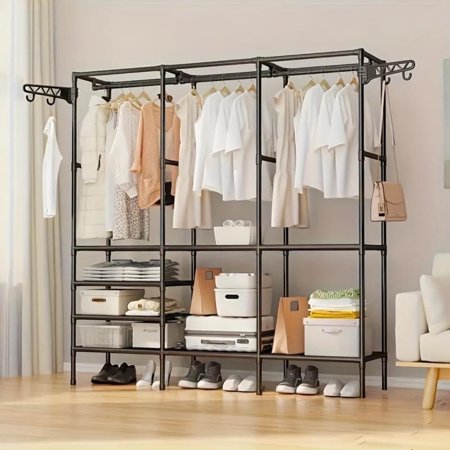 Freestanding Multifunctional Clothes Garment Rack with Side Hooks, 3 Tiers Adjustable Wire Shelving Clothing Racks with Hanging Rods,Closet storage for Cloakroom, Bedroom