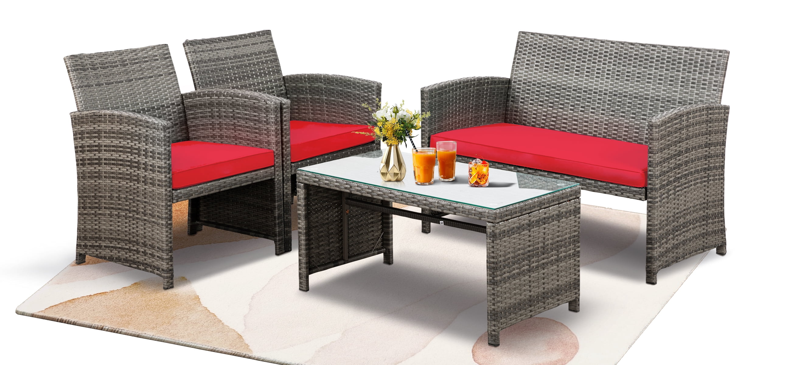 Walsunny Outdoor Patio Rattan Wicker Furniture Conversation Set 4 Piece with Cushions Tempered Glass Tabletop,Red