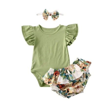 

ZIYIXIN Infant Baby Girl Summer Clothes Ruffle Short Sleeve Tops Floral Short Pants and Headband Outfits Green 0-3 Months