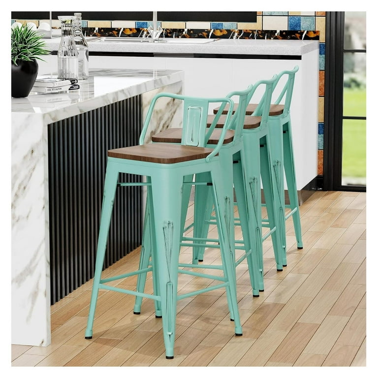 Distressed Turquoise Bar Stools 30'' High Backless Distressed