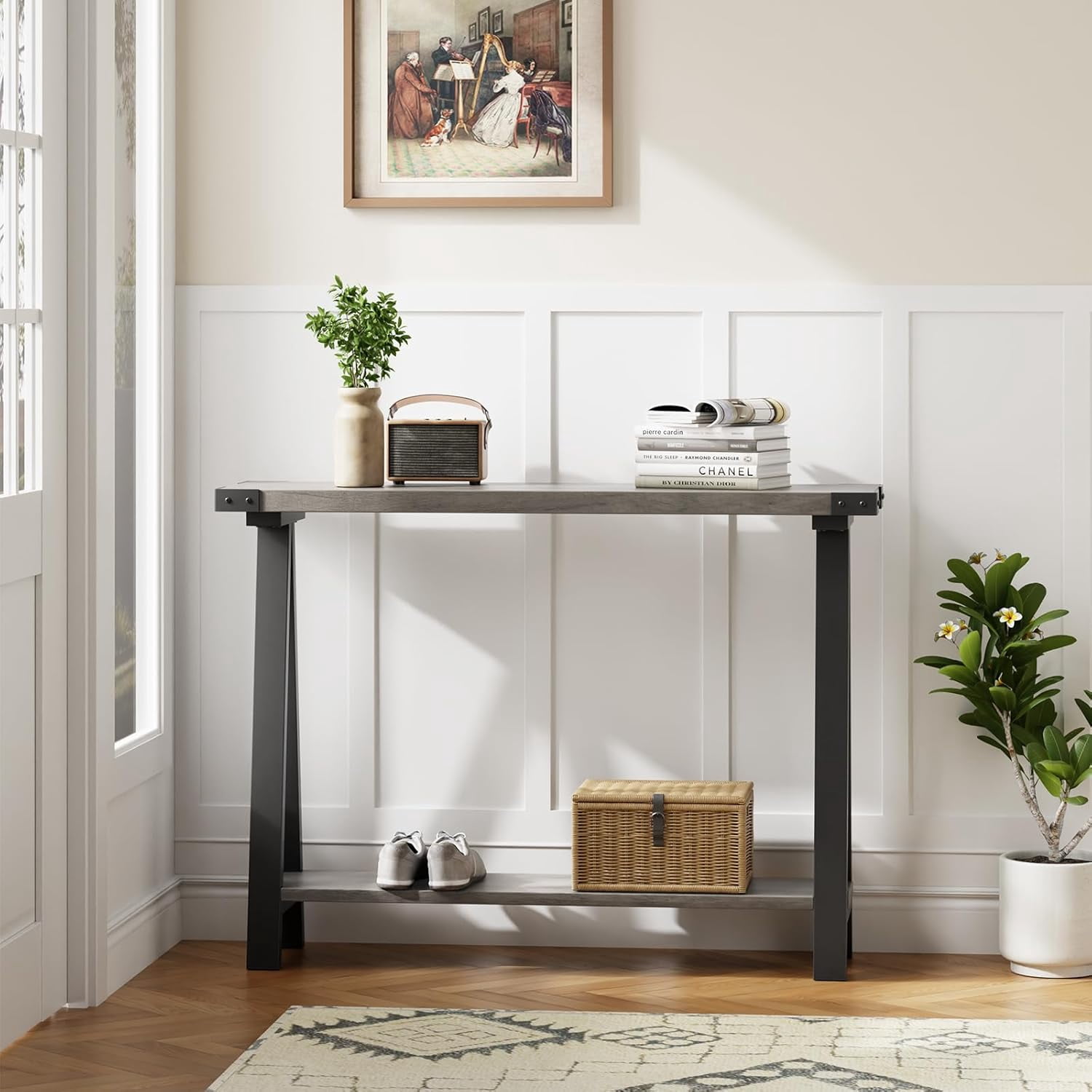 Farmhouse Narrow Entryway Table, 43.3" Console Table with Storage, 2 Tier Sofa Table with Metal Frame and MDF, Narrow Console Table for Living Room, Hallway, Entryway-Rustic Brown