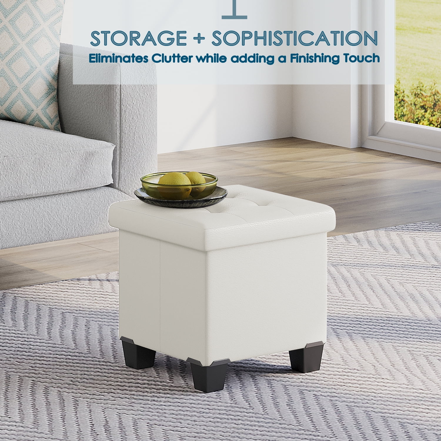 StorageBud Ottoman with Storage Bench, 15-inch Foot Stool Storage Ottoman, Leather, White